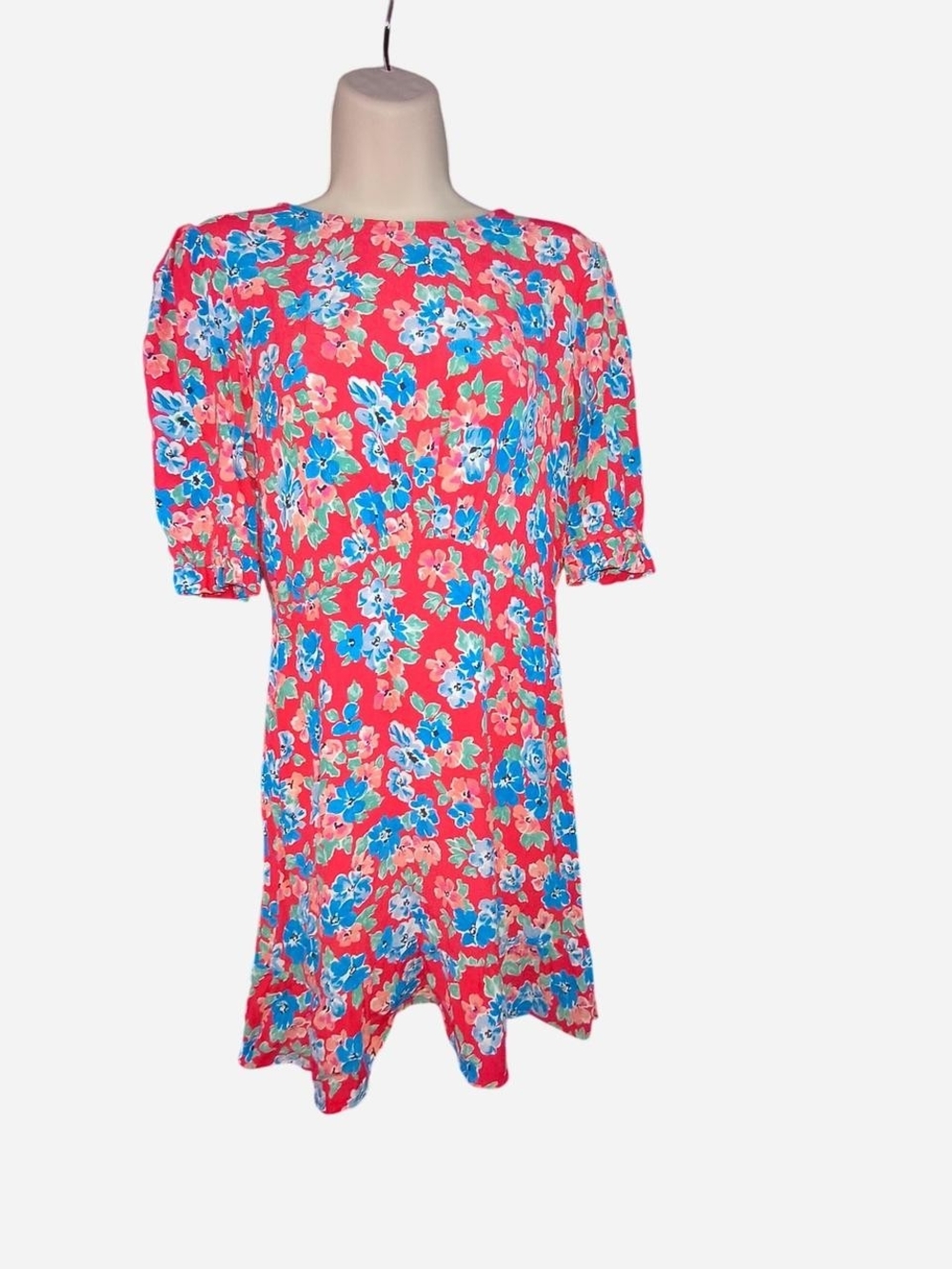 Coral Floral Mini Dress with Blue Bloom